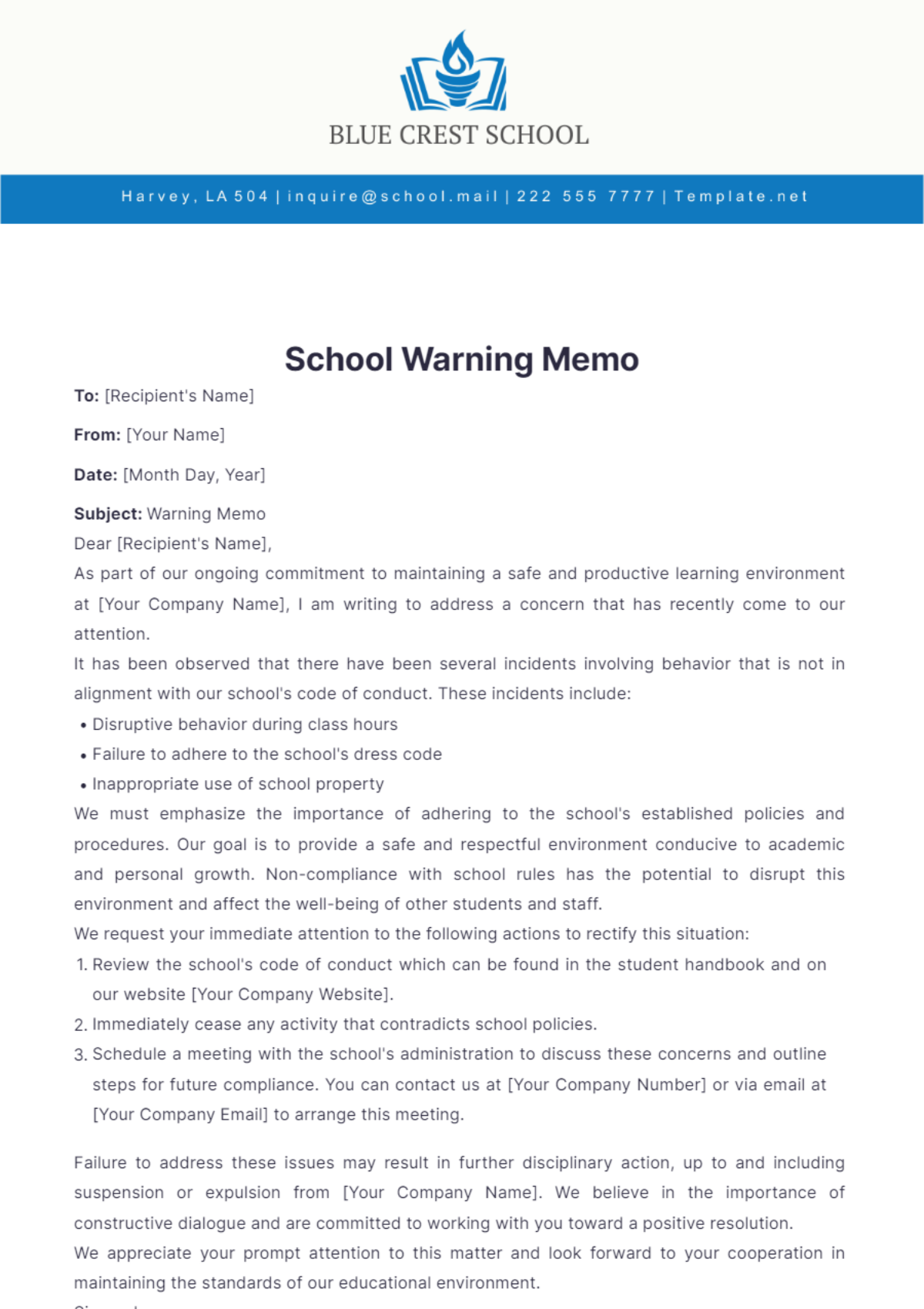 School Warning Memo Template - Edit Online & Download