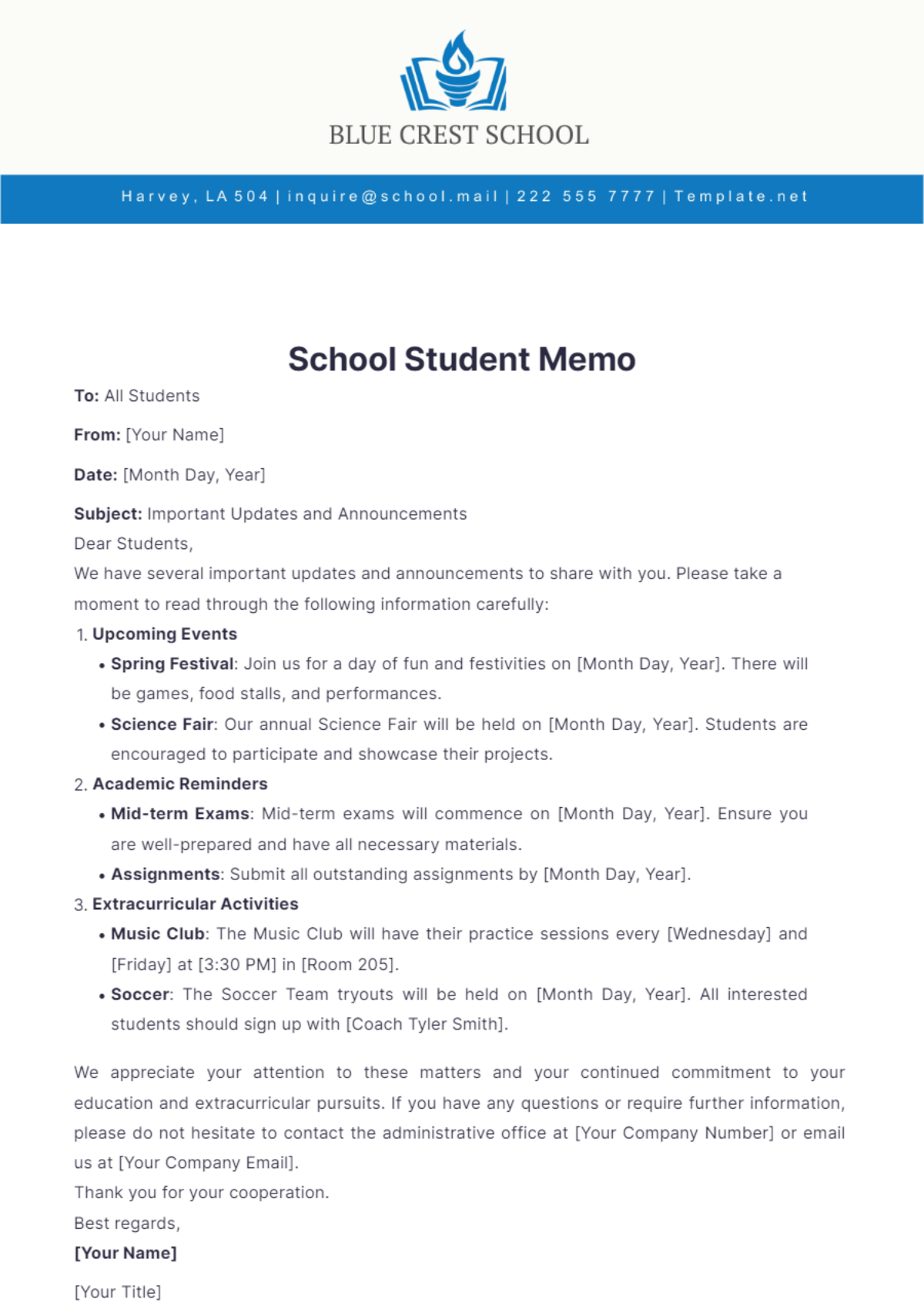 School Student Memo Template - Edit Online & Download