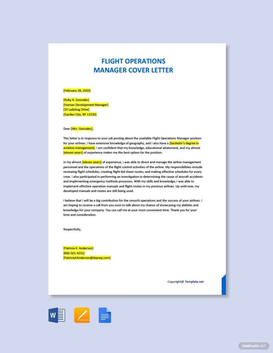 Flight Operations Manager Cover Letter