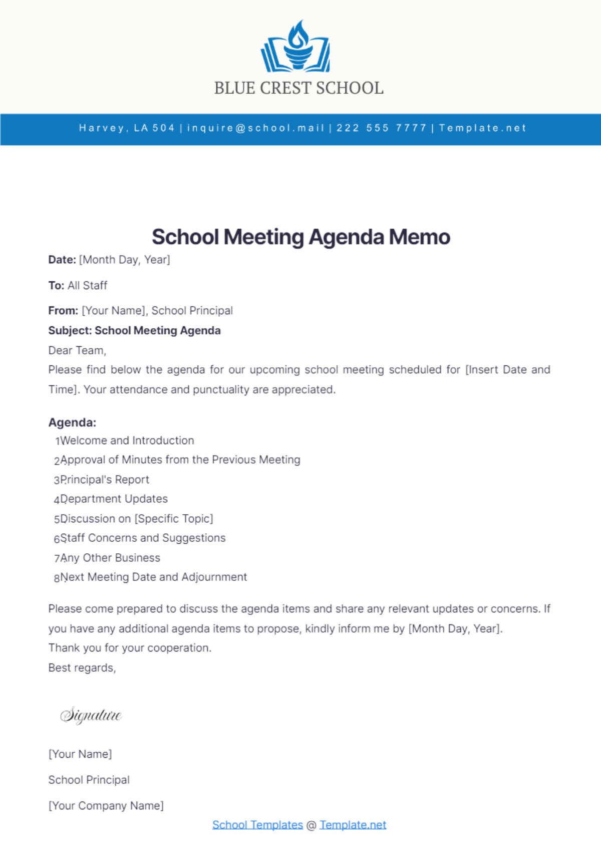 School Meeting Agenda Memo Template - Edit Online & Download