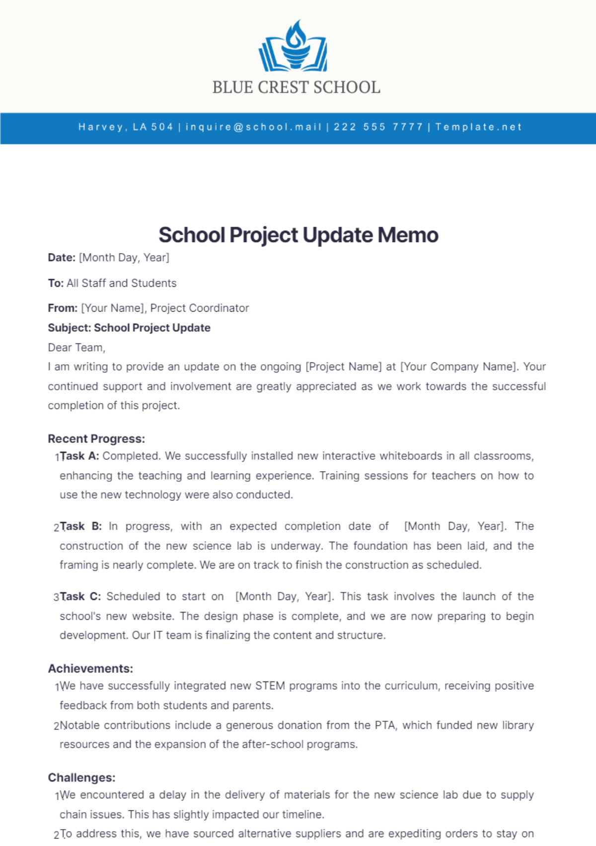 School Project Update Memo Template - Edit Online & Download