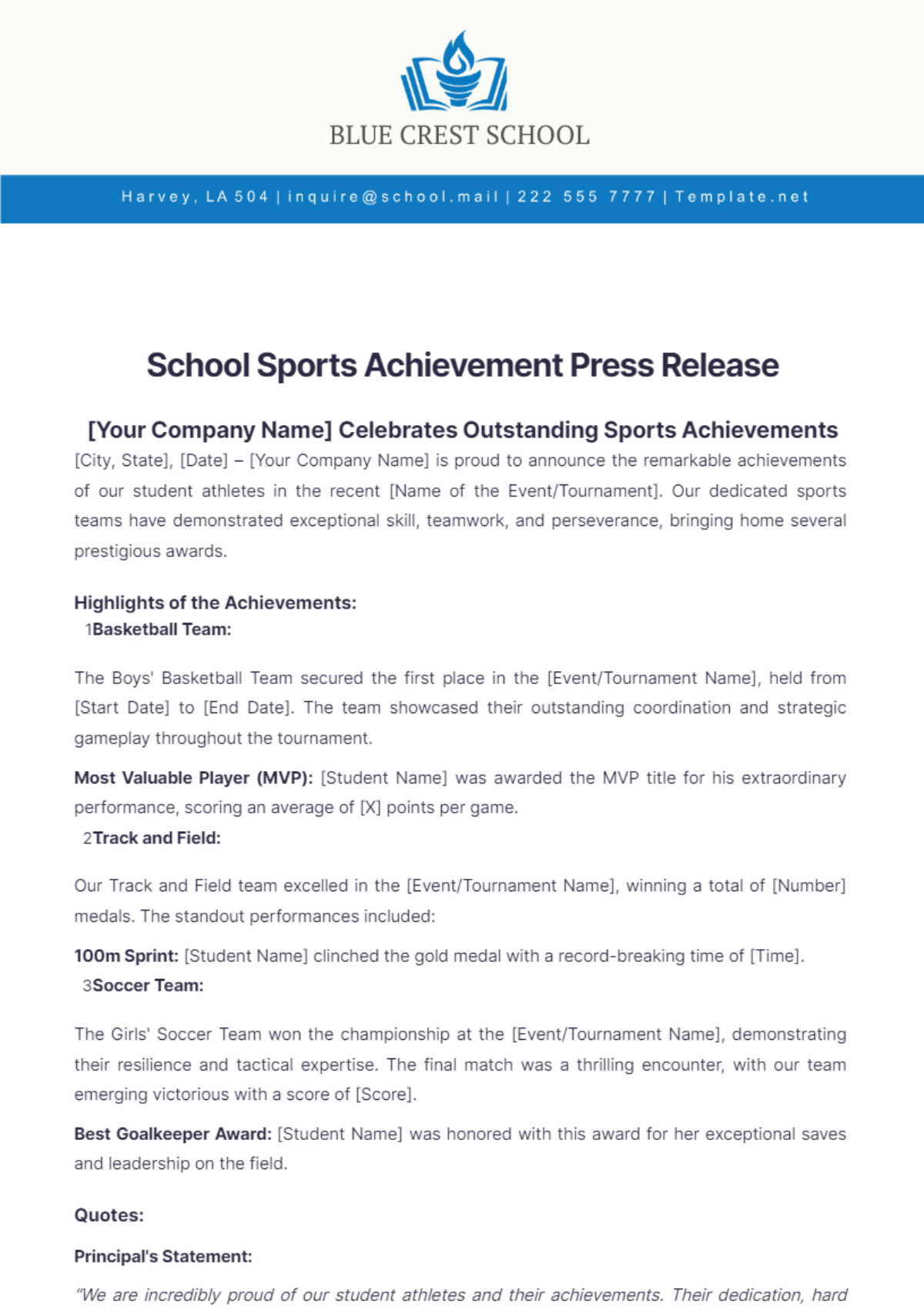 School Sports Achievement Press Release Template - Edit Online & Download