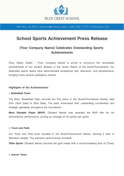 Free School Sports Achievement Press Release Template to Edit Online