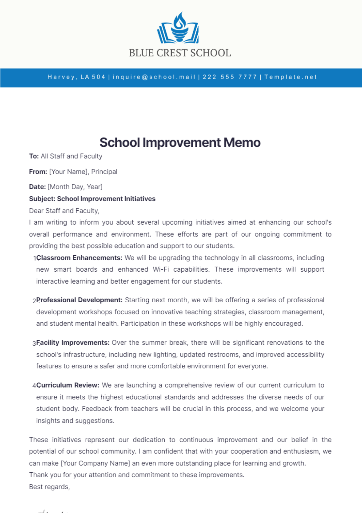 School Improvement Memo Template - Edit Online & Download