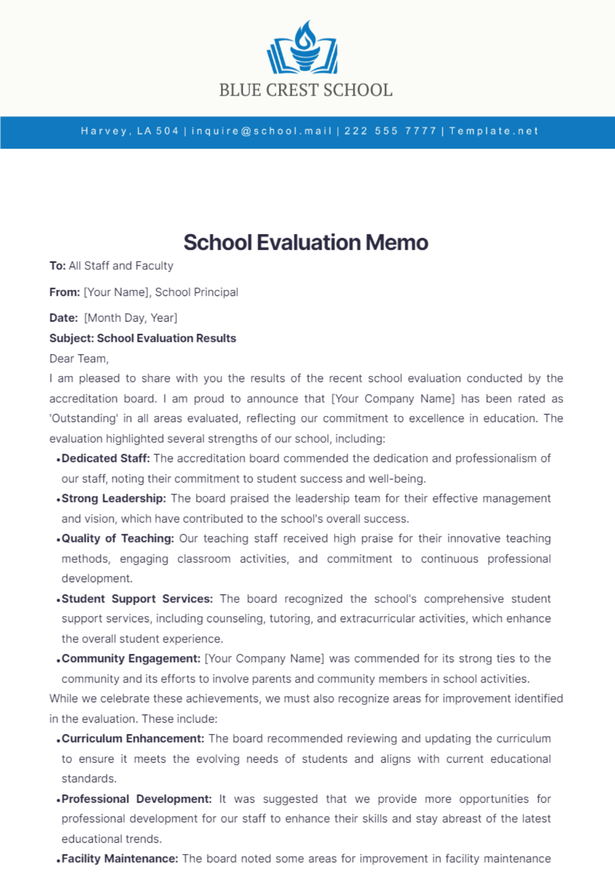 School Evaluation Memo Template - Edit Online & Download