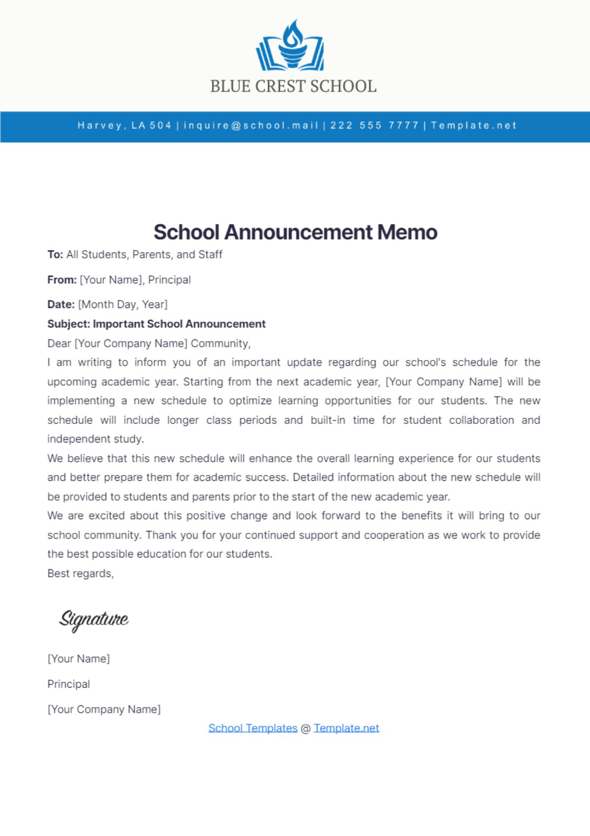 School Announcement Memo Template - Edit Online & Download