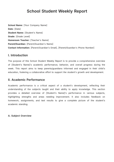 Free School Student Weekly Report Template to Edit Online