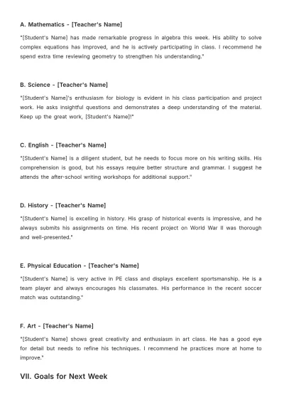 Free School Student Weekly Report Template to Edit Online