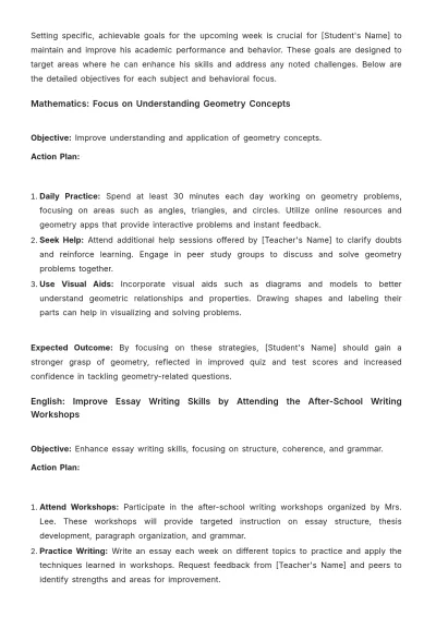 Free School Student Weekly Report Template to Edit Online