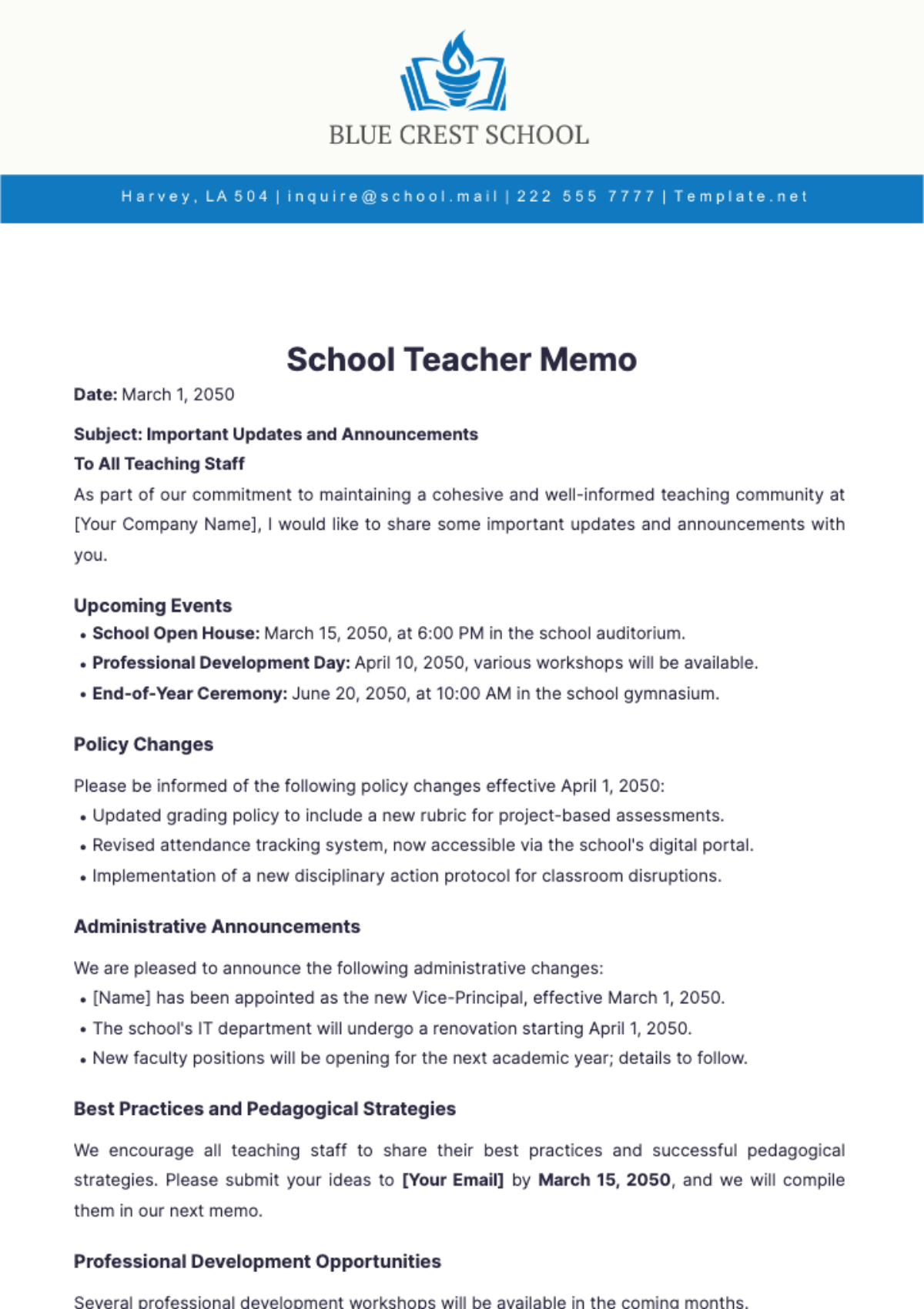 School Teacher Memo Template - Edit Online & Download