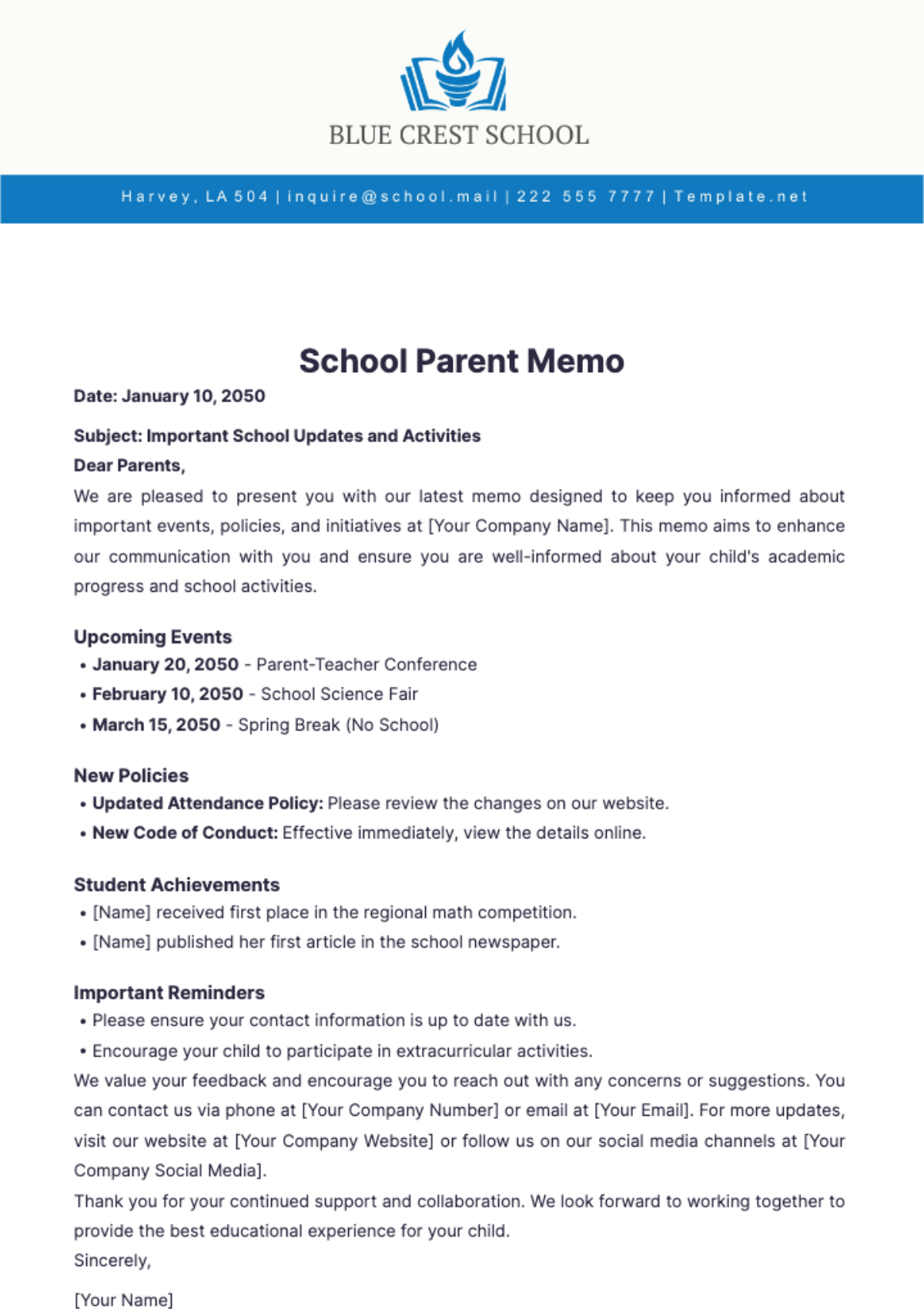 School Parent Memo Template - Edit Online & Download