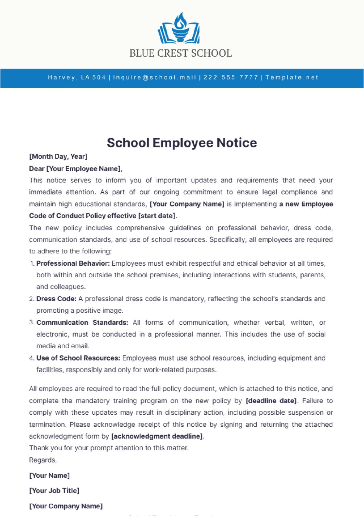 School Employee Notice Template - Edit Online & Download