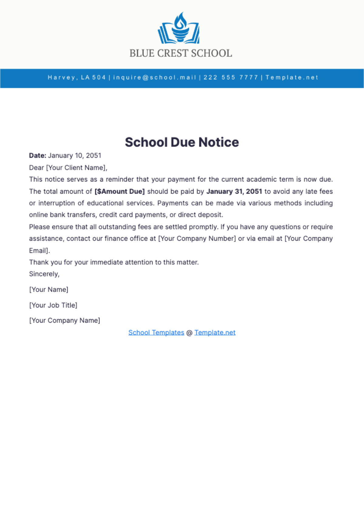 School Due Notice Template