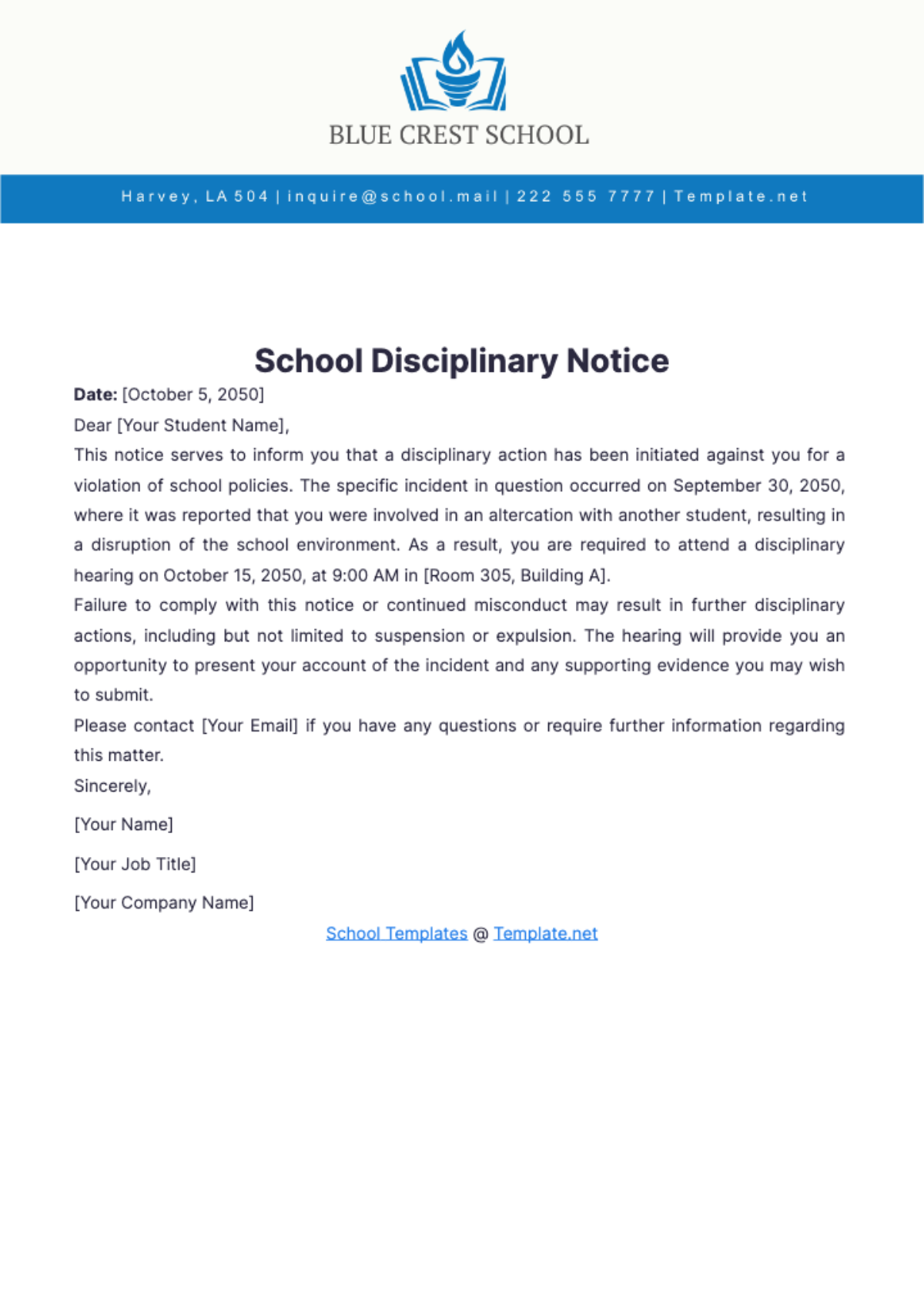 School Disciplinary Notice Template