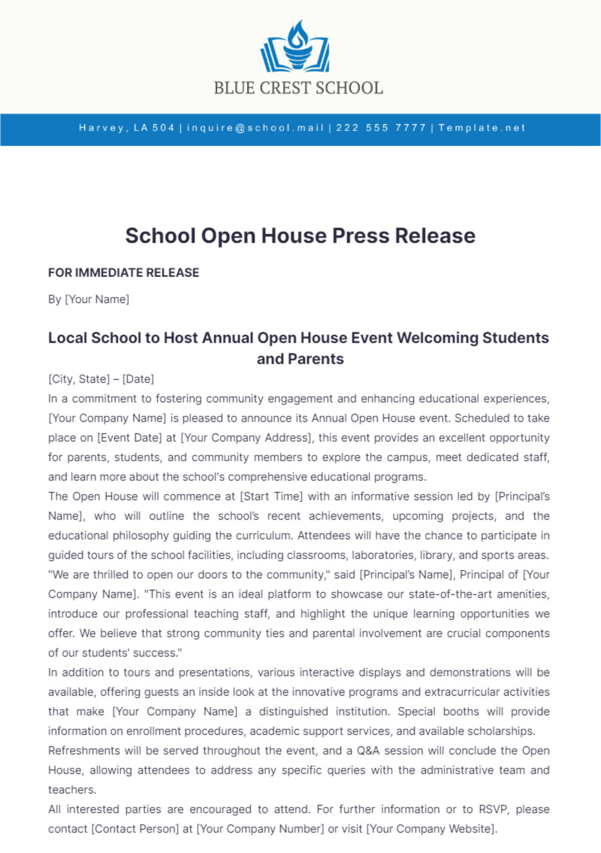 School Open House Press Release Template - Edit Online & Download