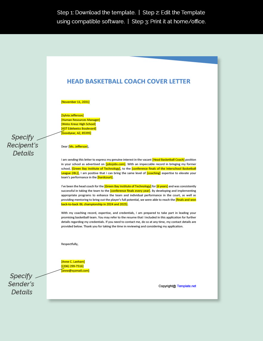 Head Basketball Coach Cover Letter