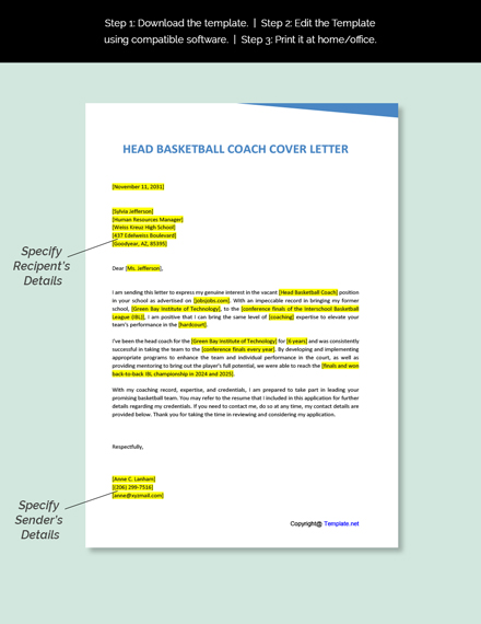 Download Head Basketball Coach Cover Letter Template Free PDF - Word | Apple Pages | Google Docs