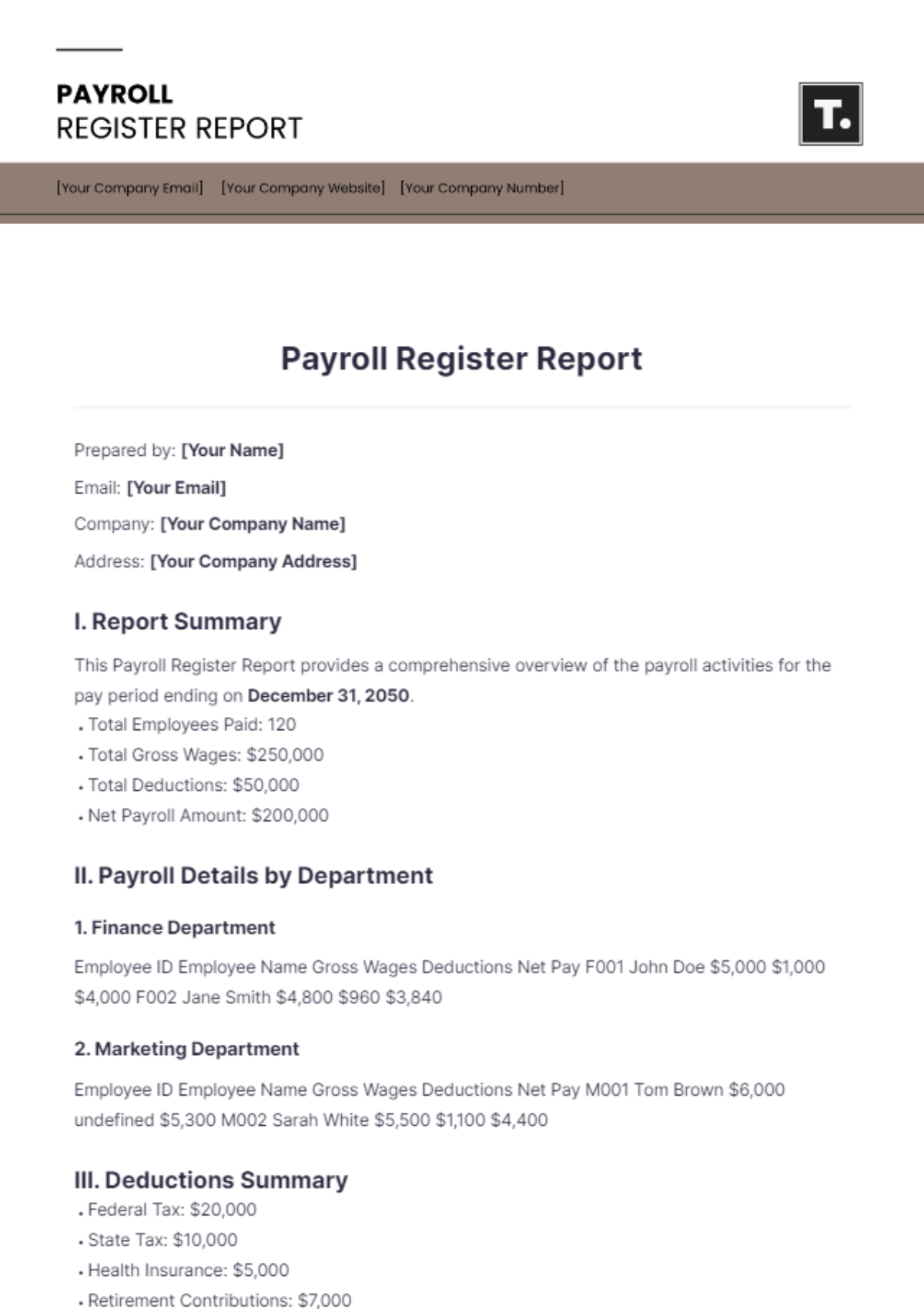 Payroll Register Report Template - Edit Online & Download