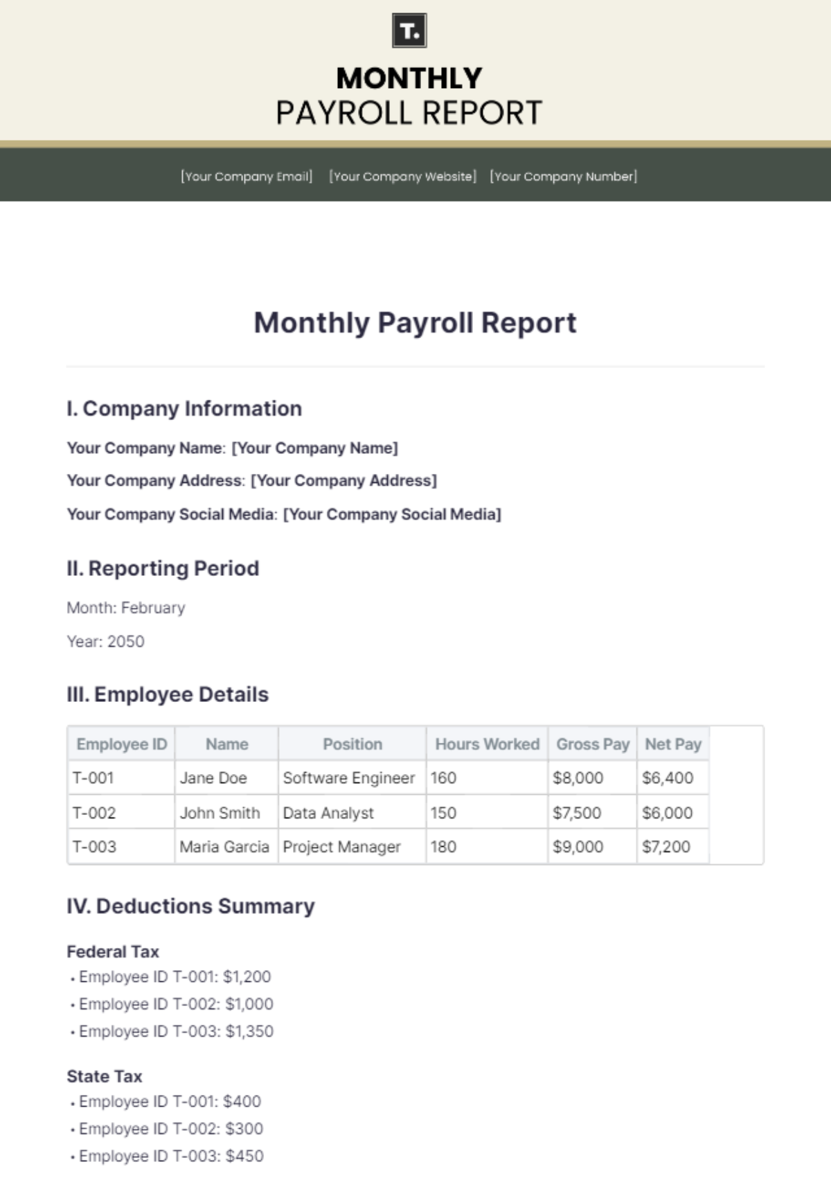 Monthly Payroll Report Template - Edit Online & Download