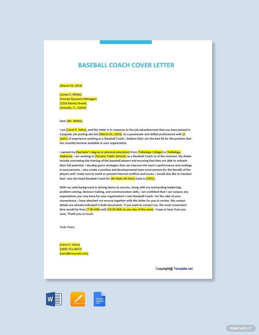 Baseball Coach Cover Letter in Word, Pages, PDF, Google Docs - Download | Template.net