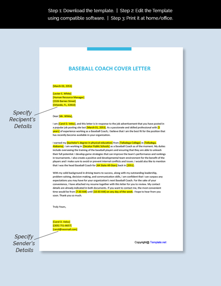 Free Baseball Coach Cover Letter Template - Google Docs, Word ...