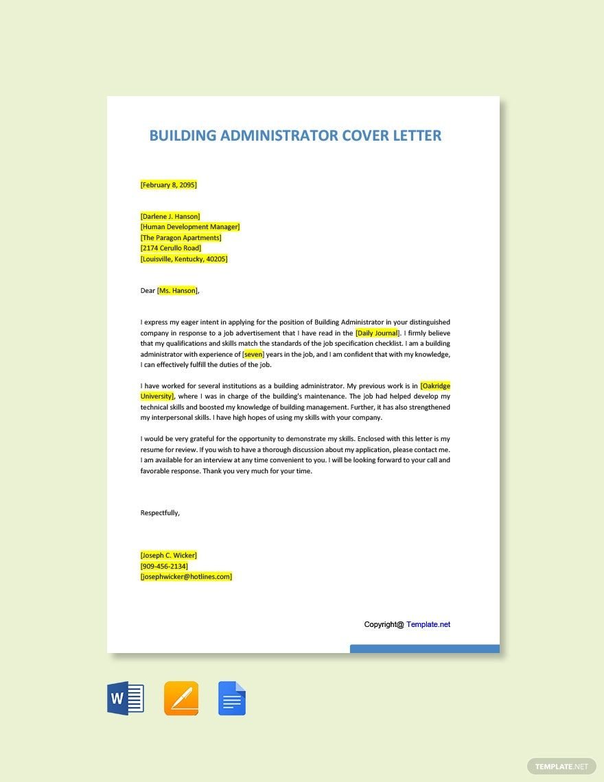 Free Building Administrator Cover Letter in Word, Google Docs, PDF, Apple Pages