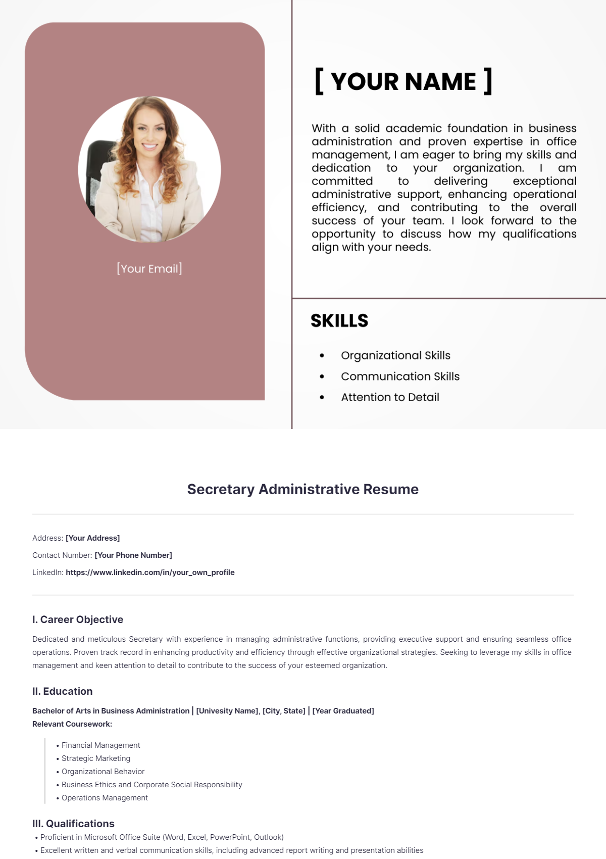 Secretary Administrative Resume - Edit Online & Download