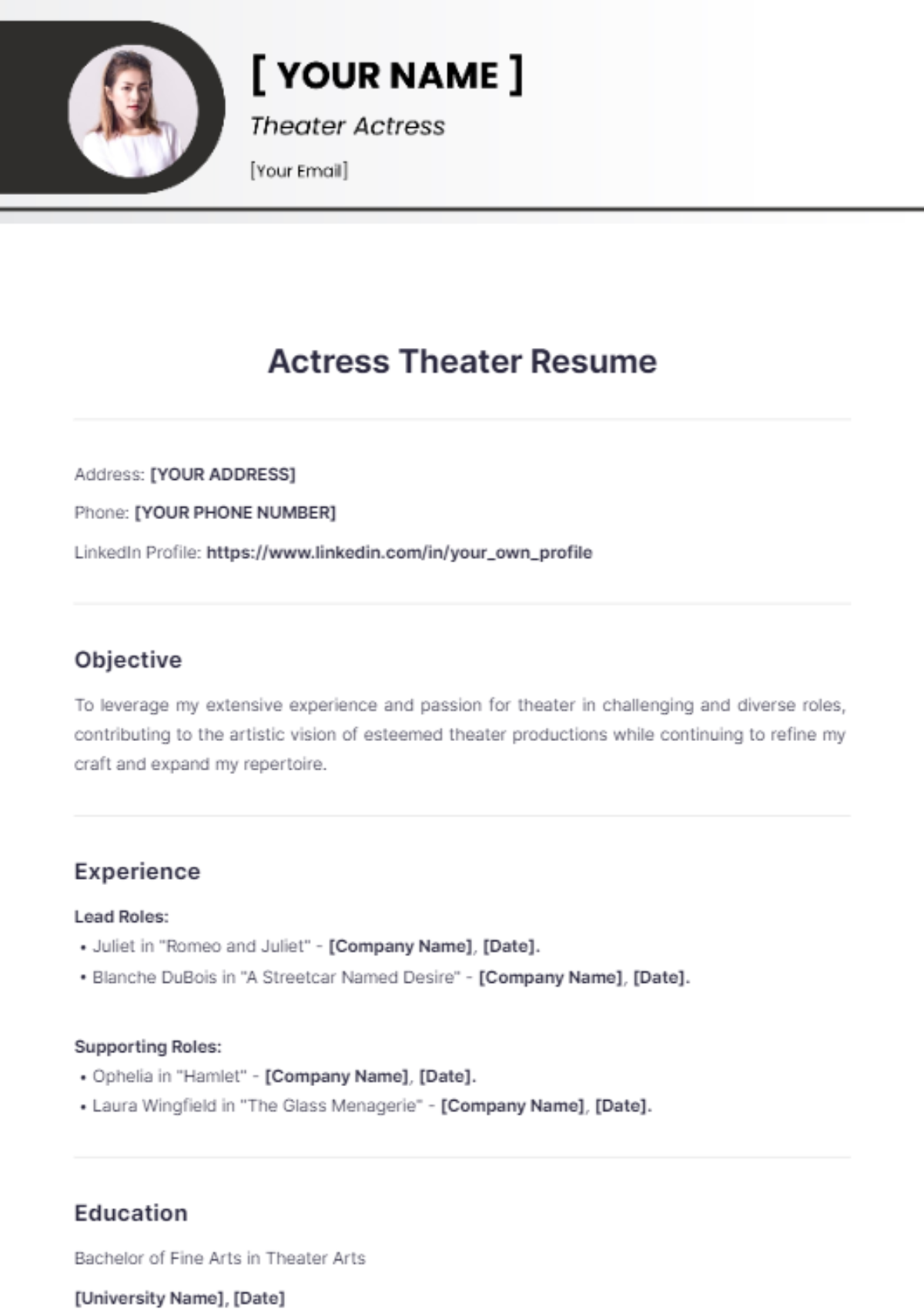 Actress theater resume - Edit Online & Download