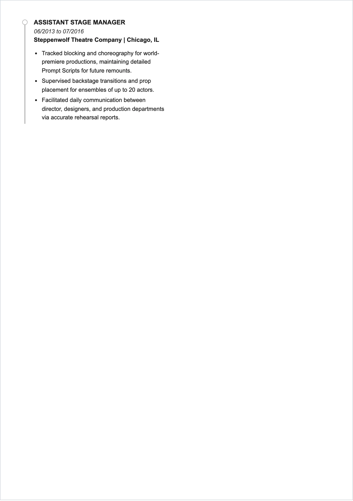 Free Theater Stage manager ATS Resume Template, AI Resume Builder