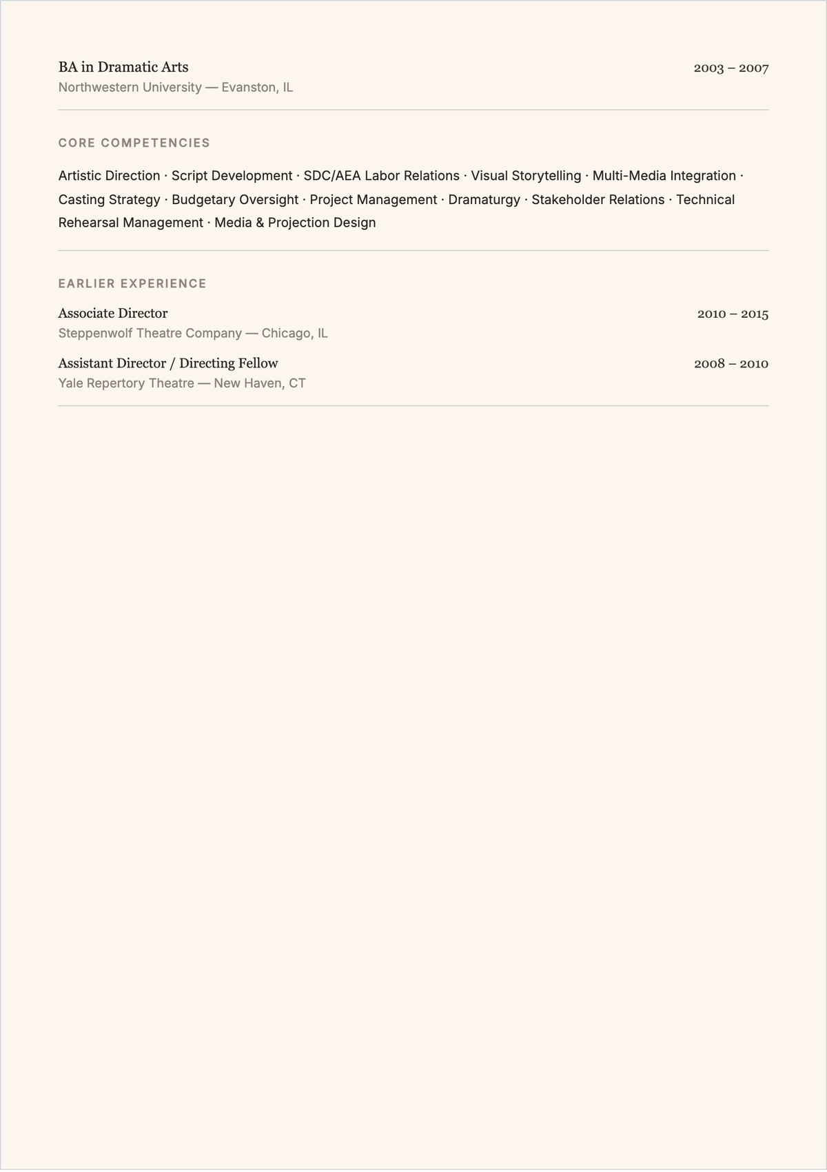 Free Theatre Director ATS Resume Template, AI Resume Builder