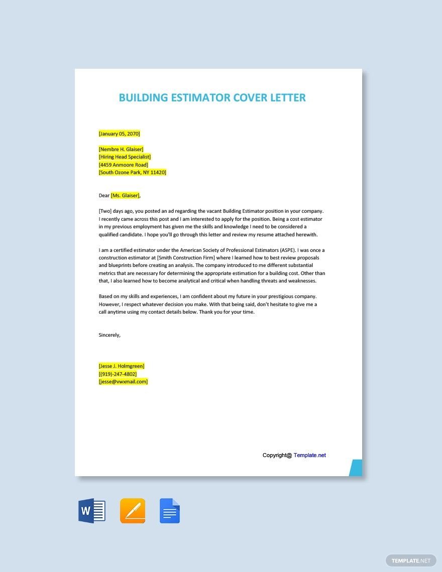 Building Estimator Cover Letter