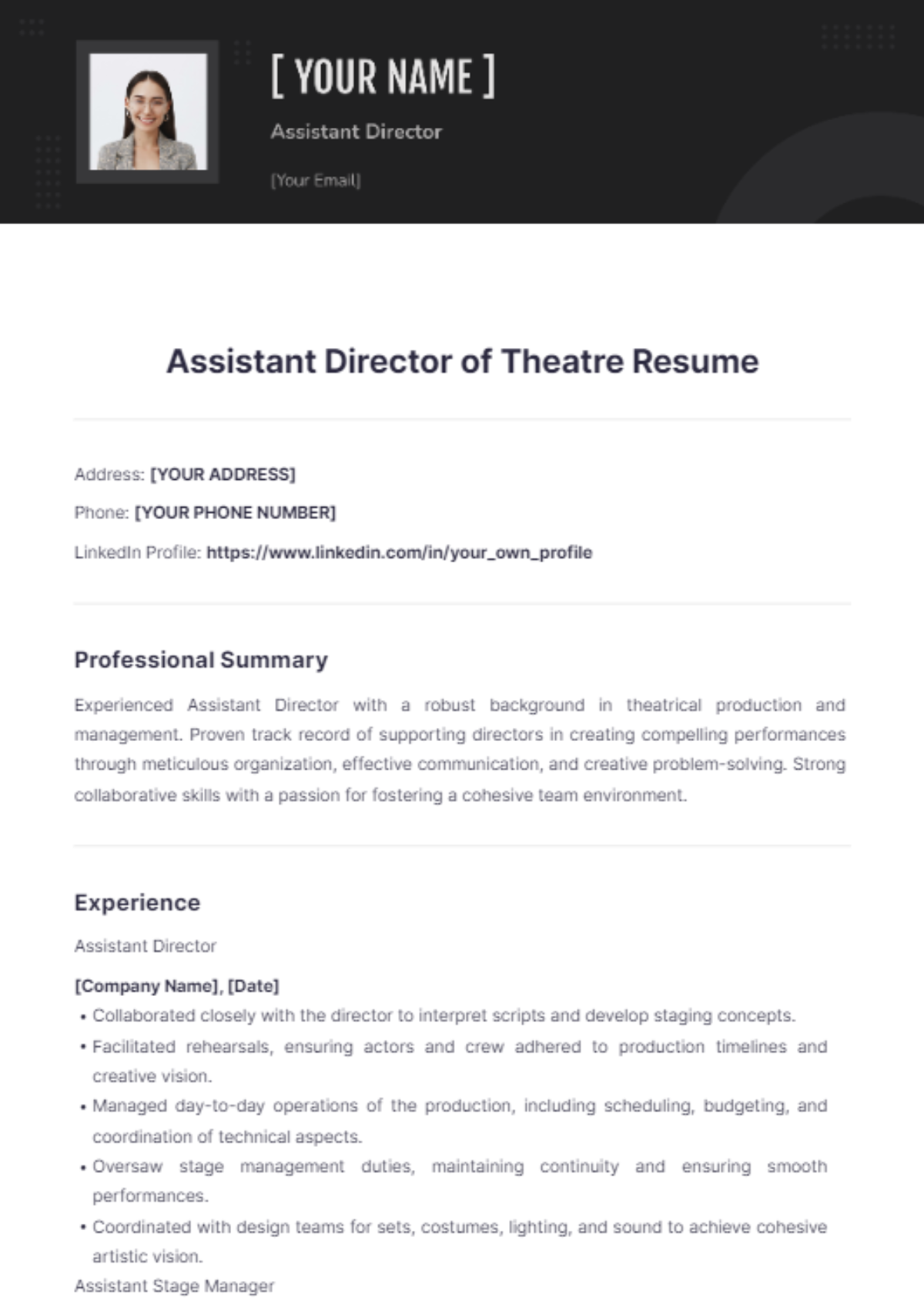 Assistant Director of Theatre Resume - Edit Online & Download