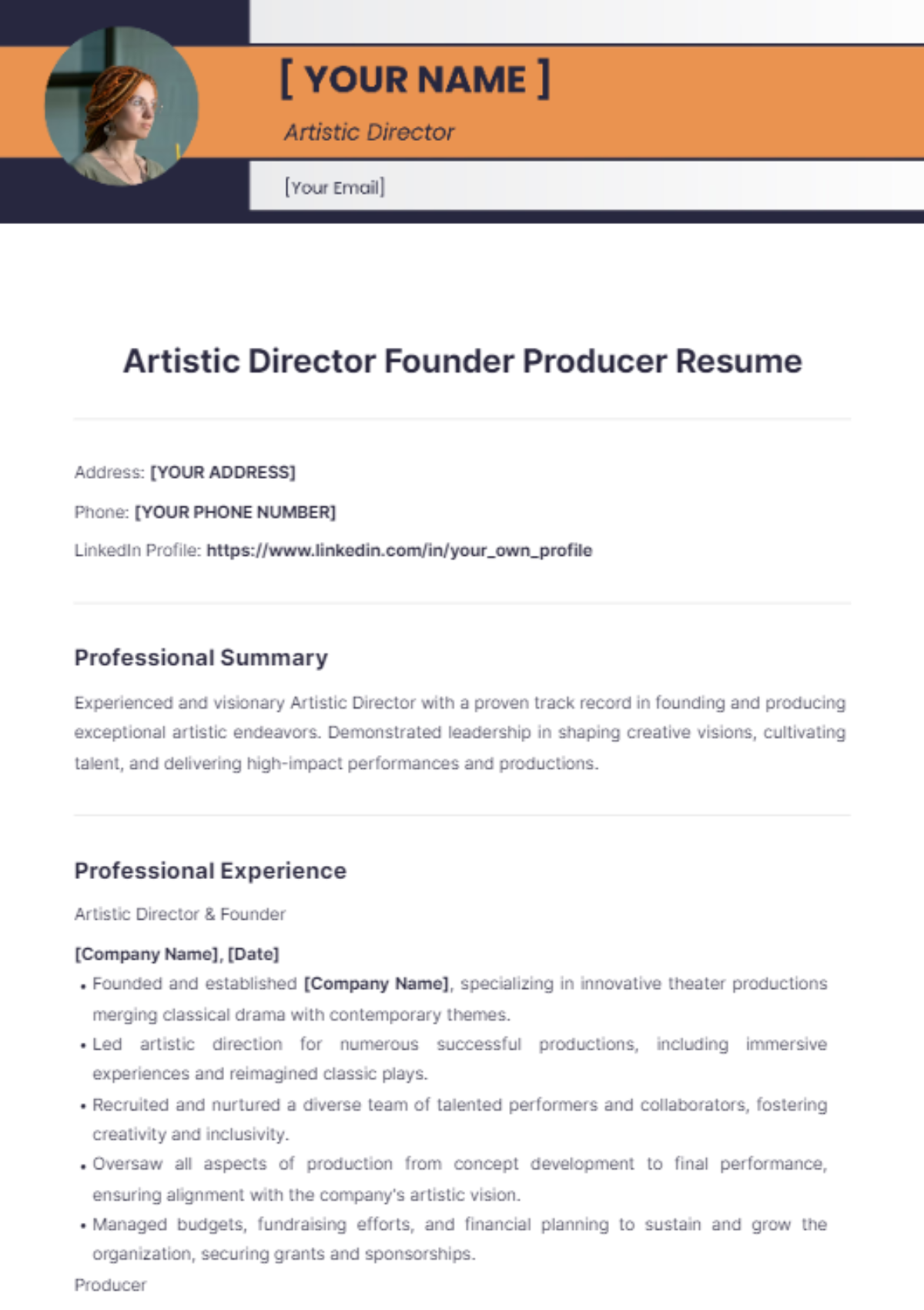 Artistic Director Founder Producer Resume - Edit Online & Download