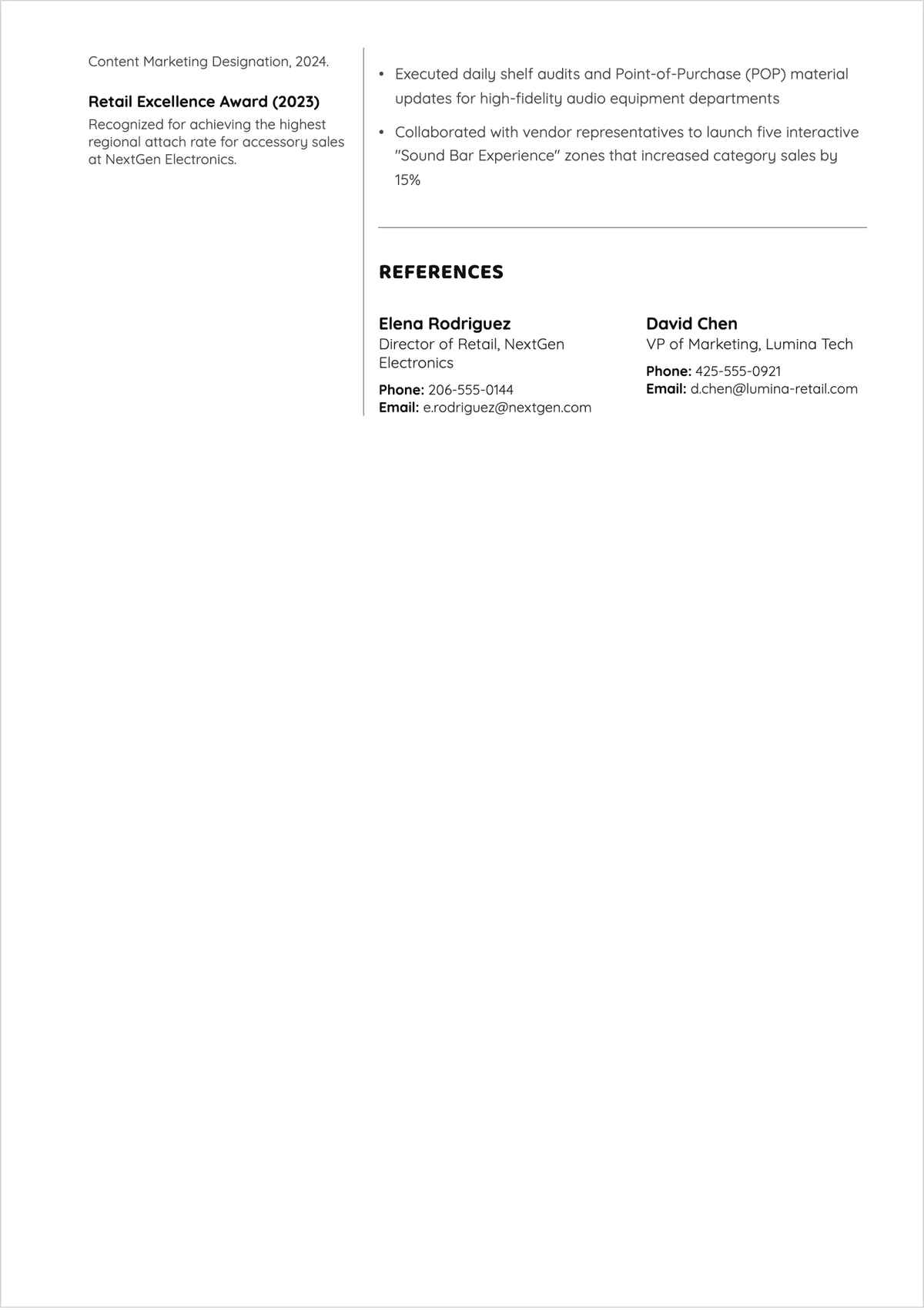 Free Retail Marketing Merchandiser ATS Resume Template