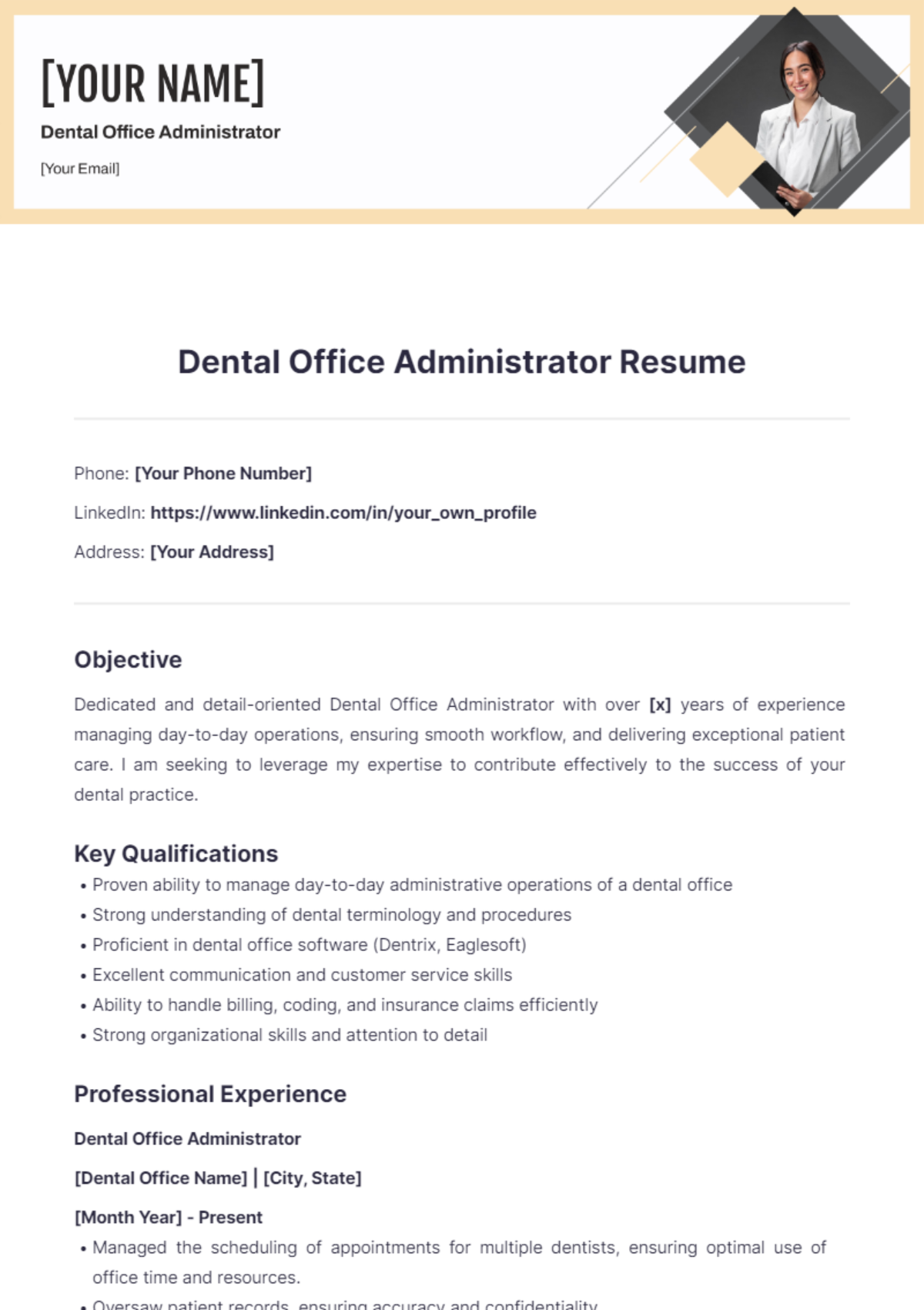 Dental Office Administrator Resume - Edit Online & Download