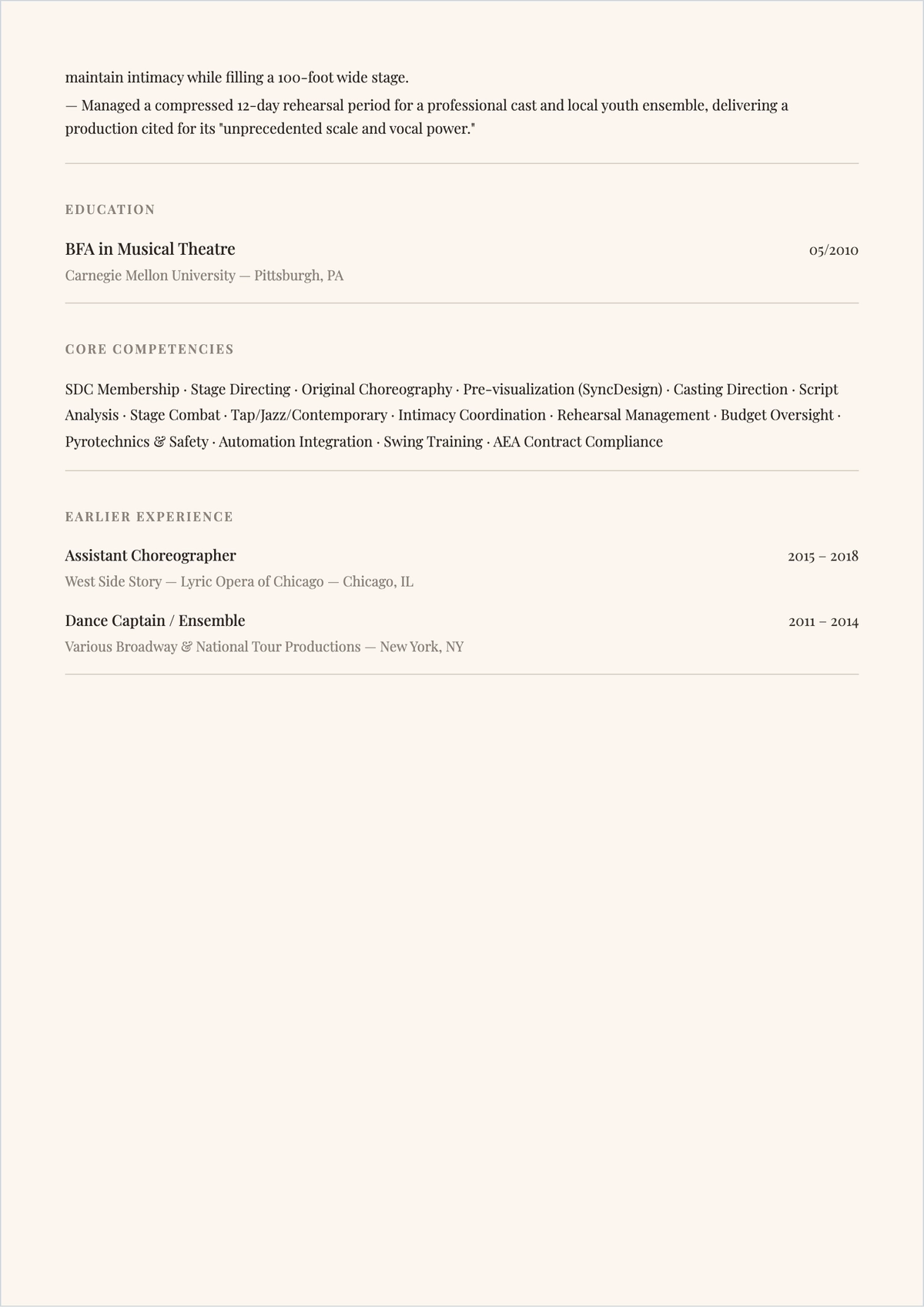 Free Musical Theatre Director Choreographer ATS Resume Template