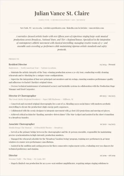 Free Musical Theatre Director Choreographer ATS Resume Template