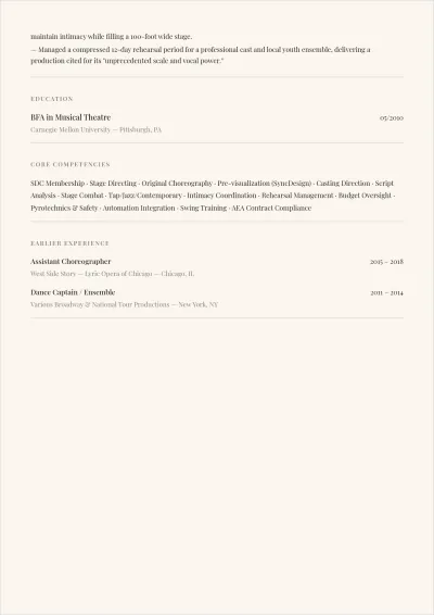 Free Musical Theatre Director Choreographer ATS Resume Template