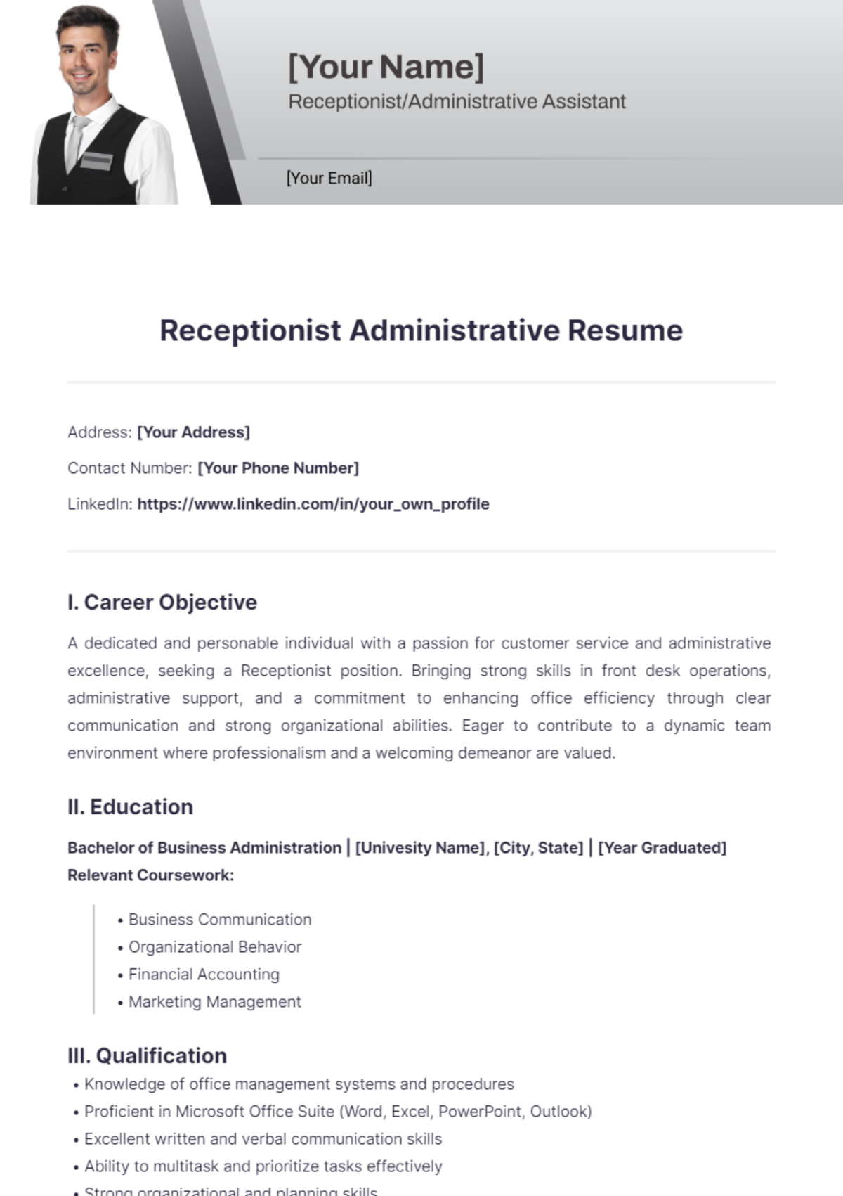 Receptionist Administrative Resume - Edit Online & Download