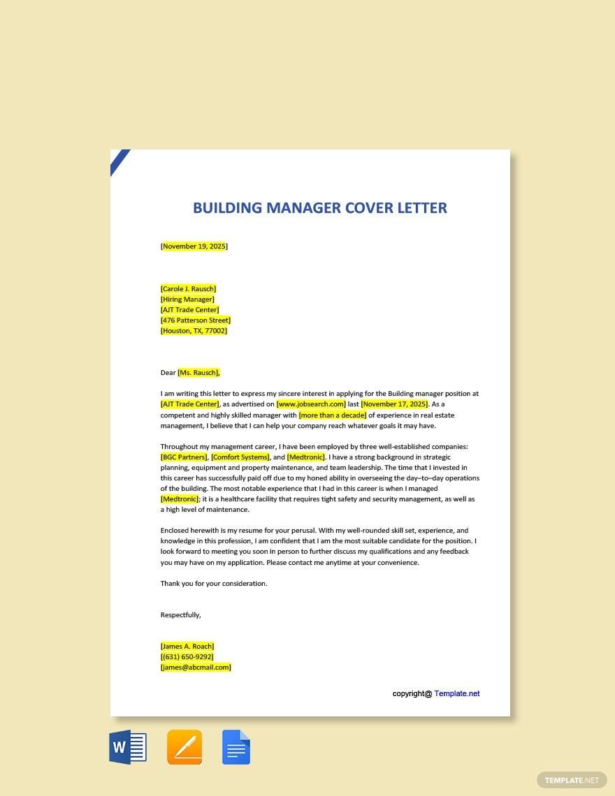 Building Manager Cover Letter in Word, Google Docs, PDF, Apple Pages