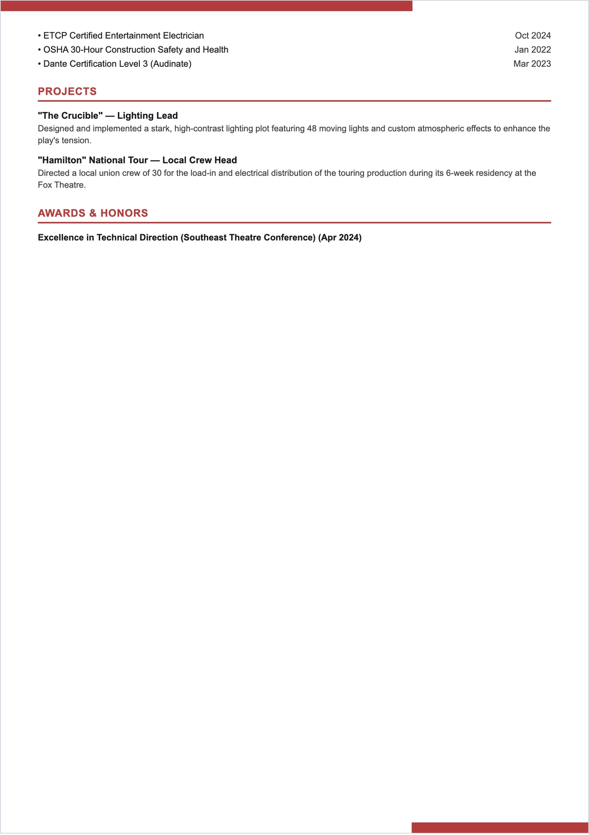 Free Theatre Technician ATS Resume Template, AI Resume Builder