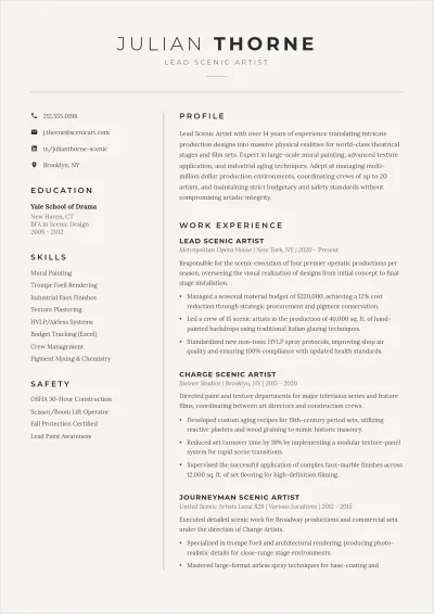 Free Scenic Artist ATS Resume Template, AI Resume Builder