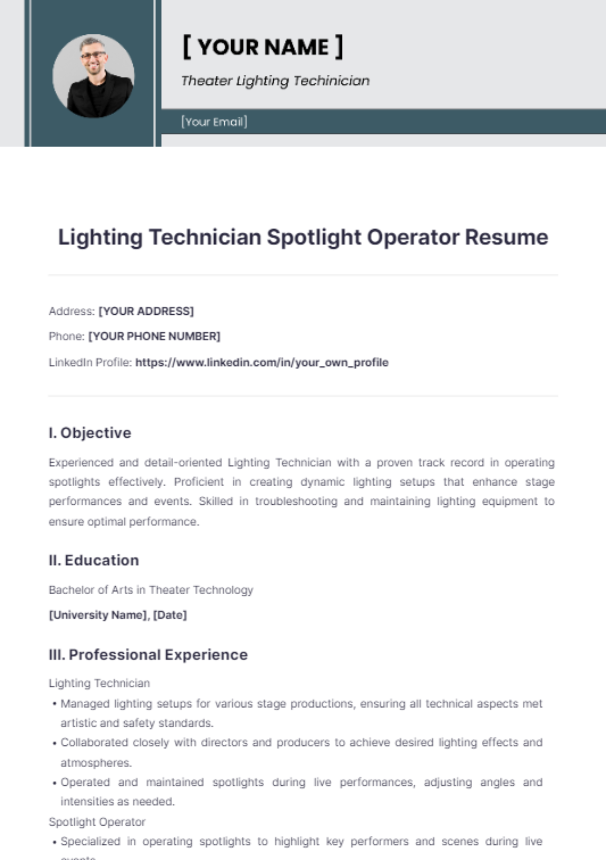 Lighting Technician Spotlight Operator Resume - Edit Online & Download