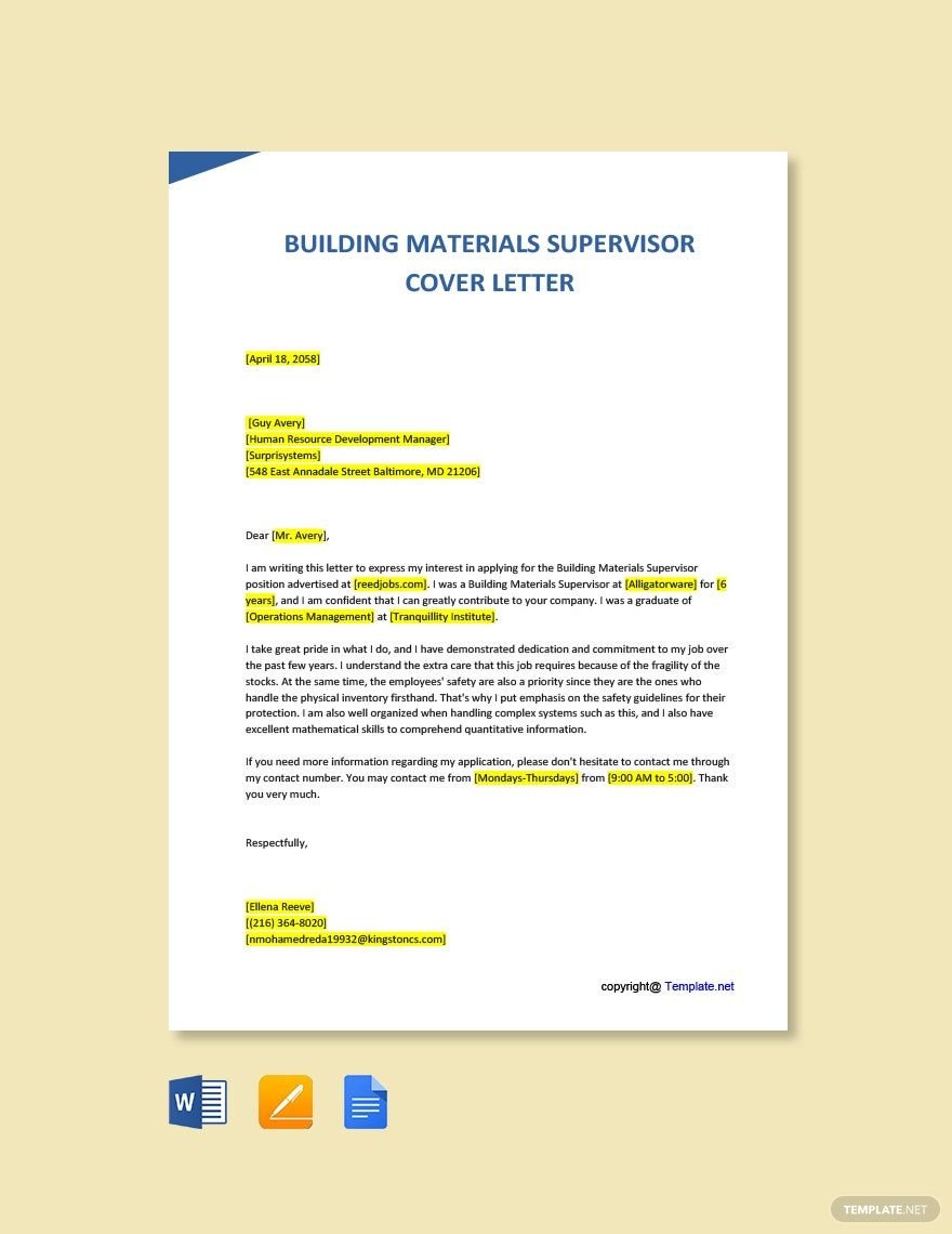 Building Materials Supervisor Cover Letter