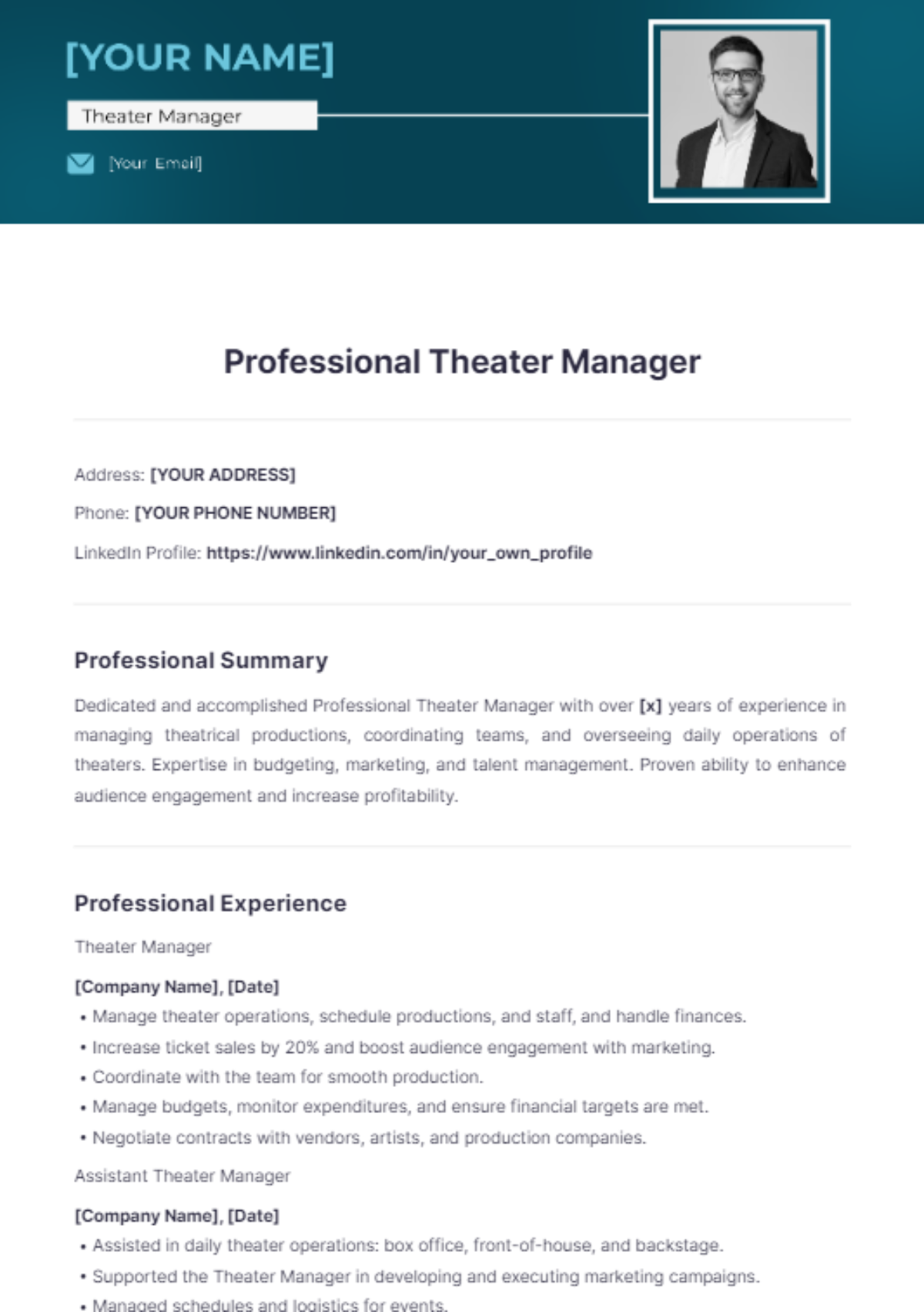 Professional Theater Manager - Edit Online & Download