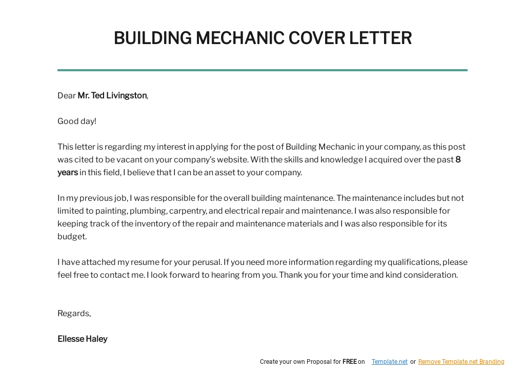 Free Building Mechanic Cover Letter Template.jpe