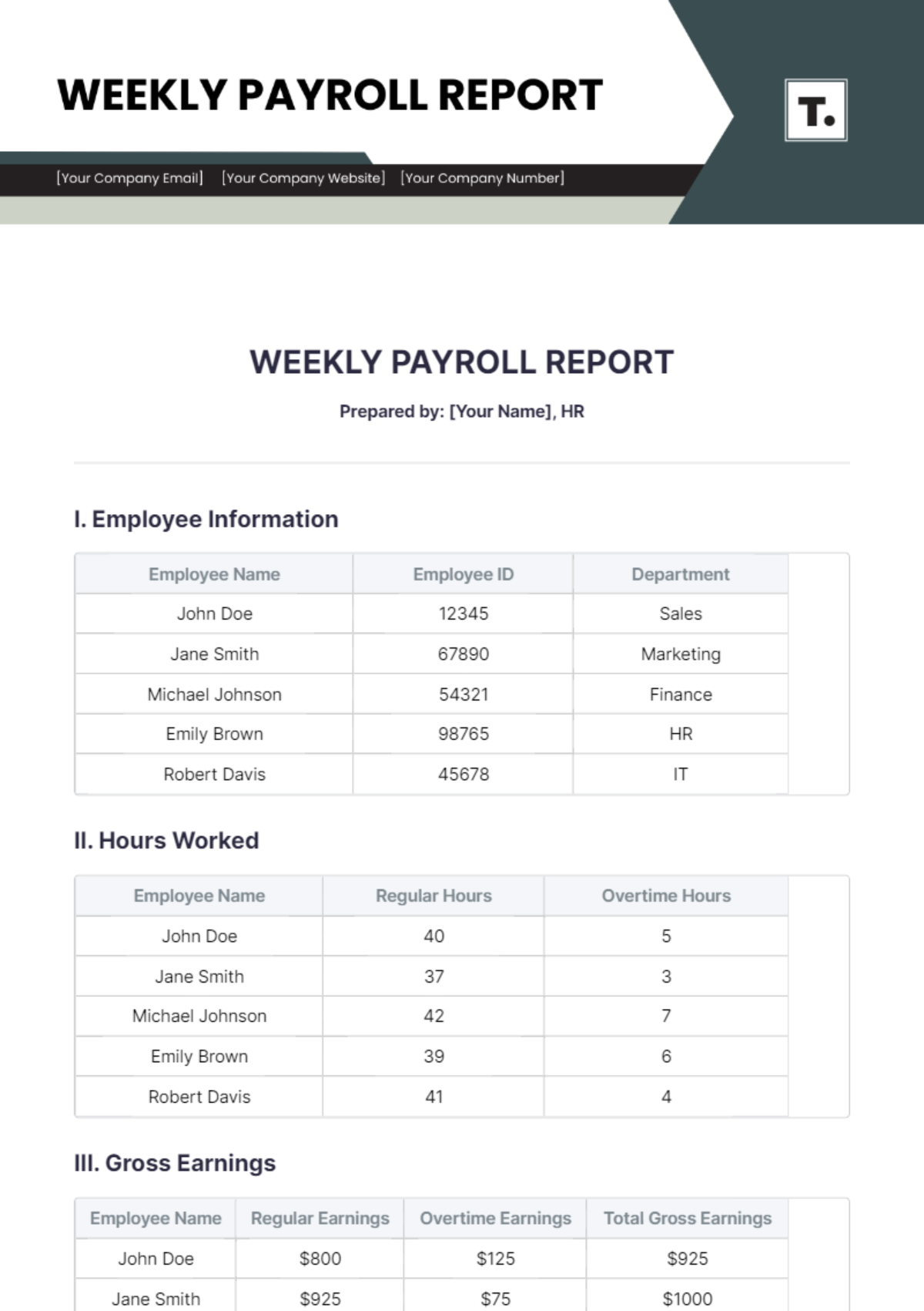 Weekly Payroll Report Template - Edit Online & Download