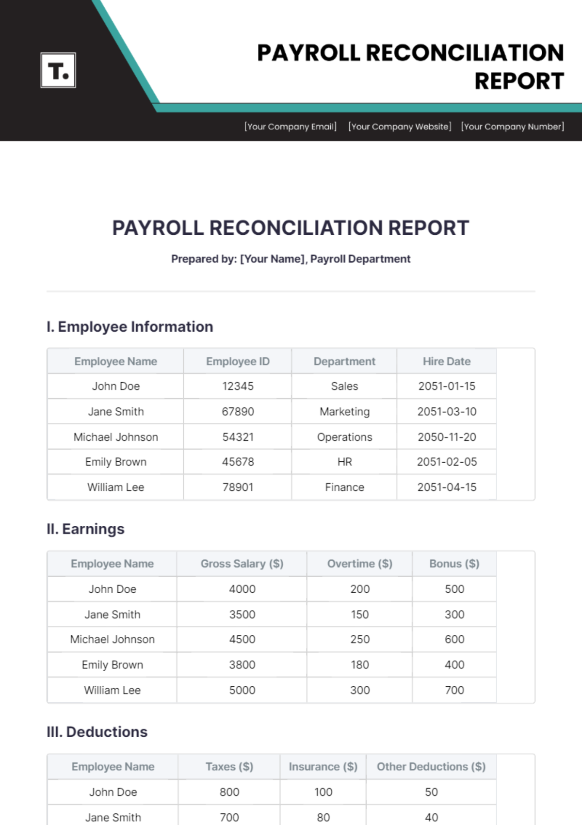 Payroll Reconciliation Report Template - Edit Online & Download