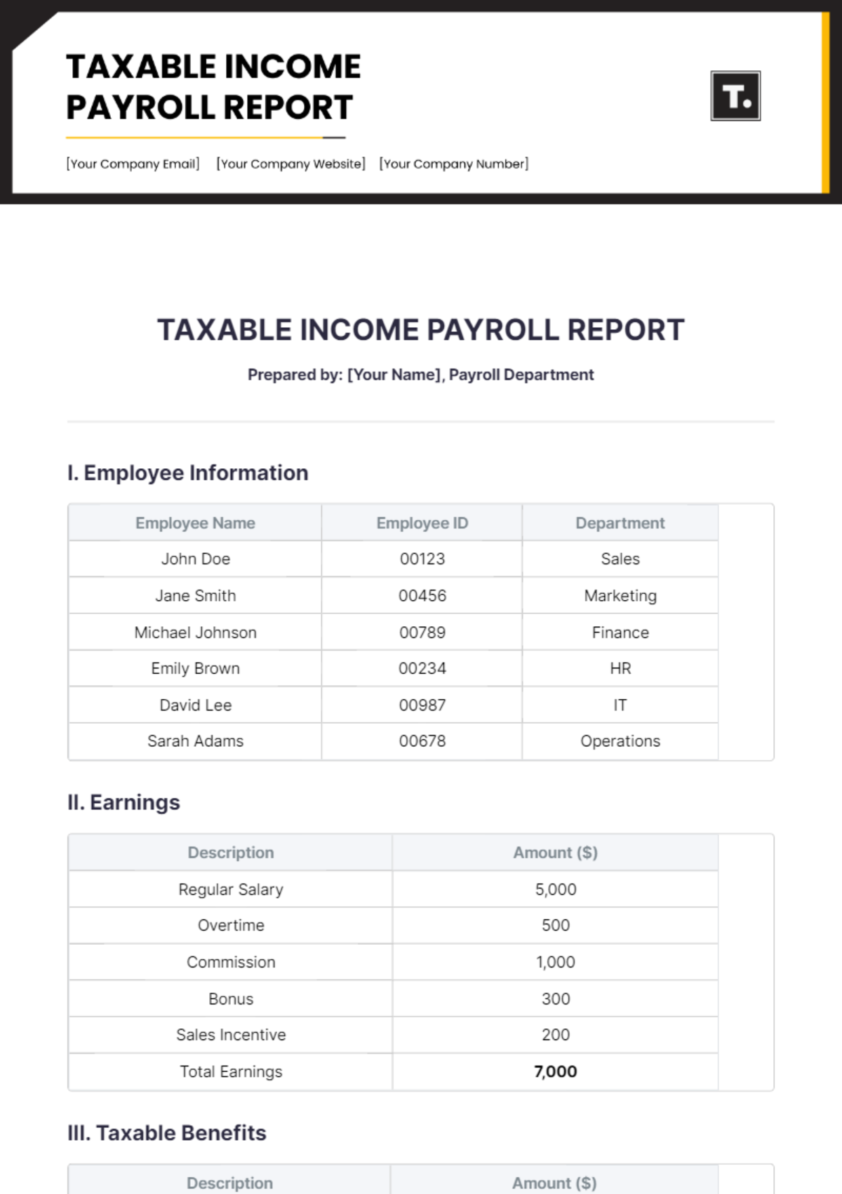 Taxable Income Payroll Report Template - Edit Online & Download