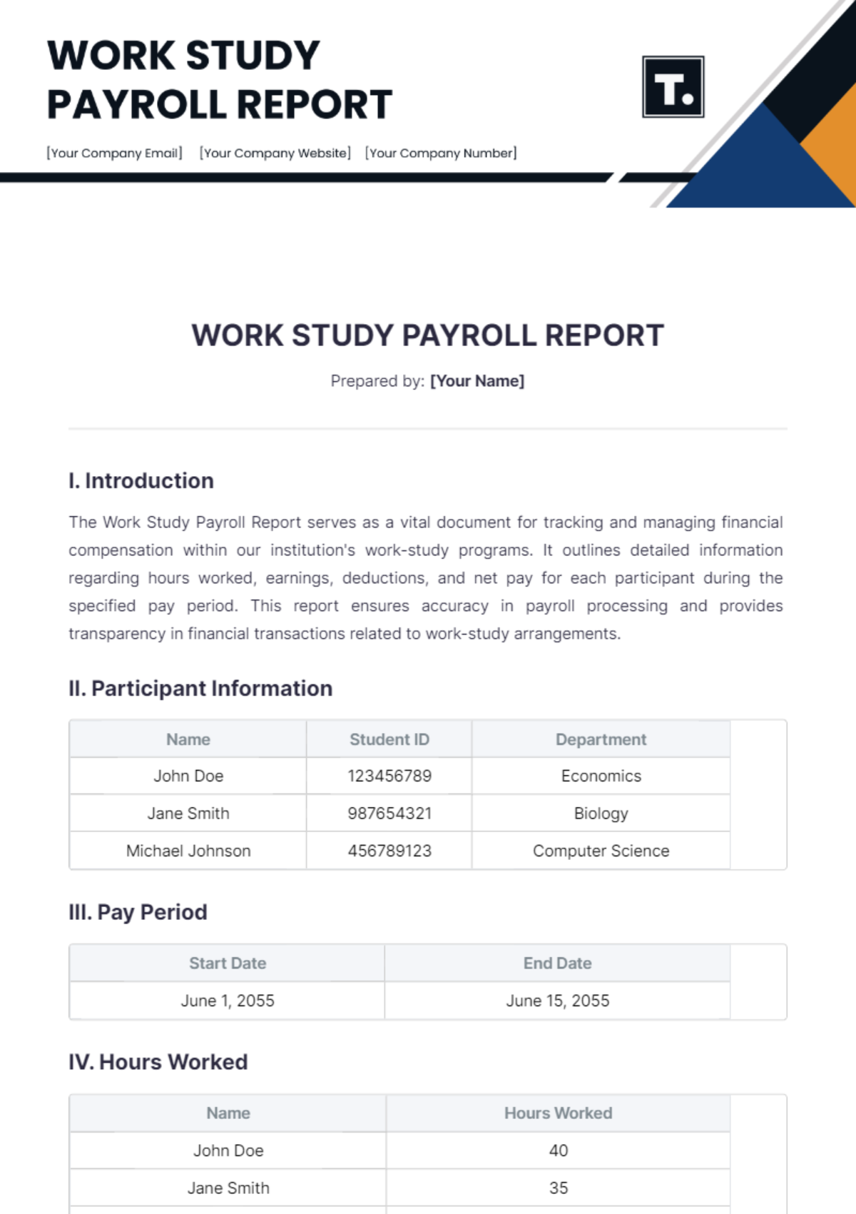 Work Study Payroll Report Template - Edit Online & Download